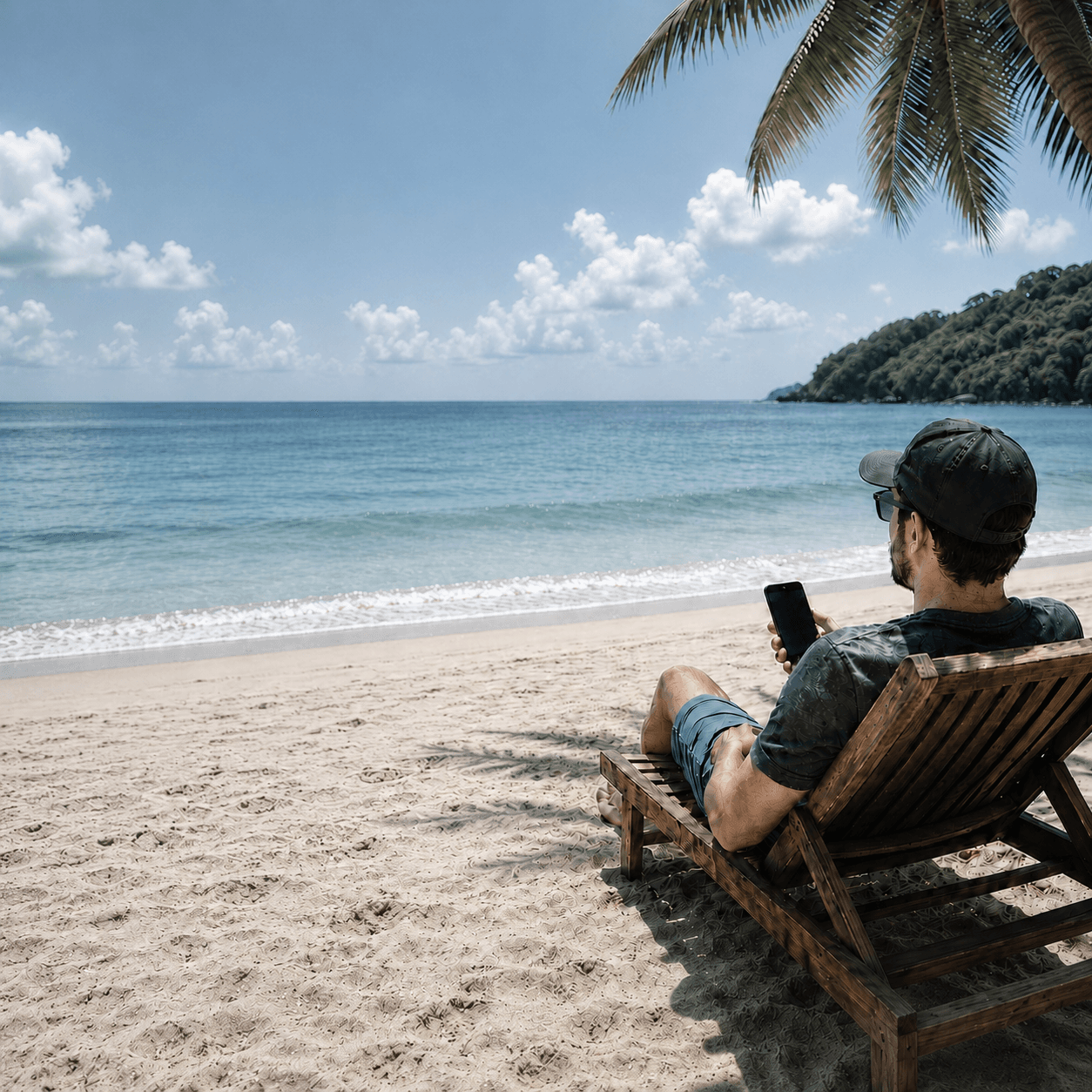 Owner on a beach lounger looking out at the ocean